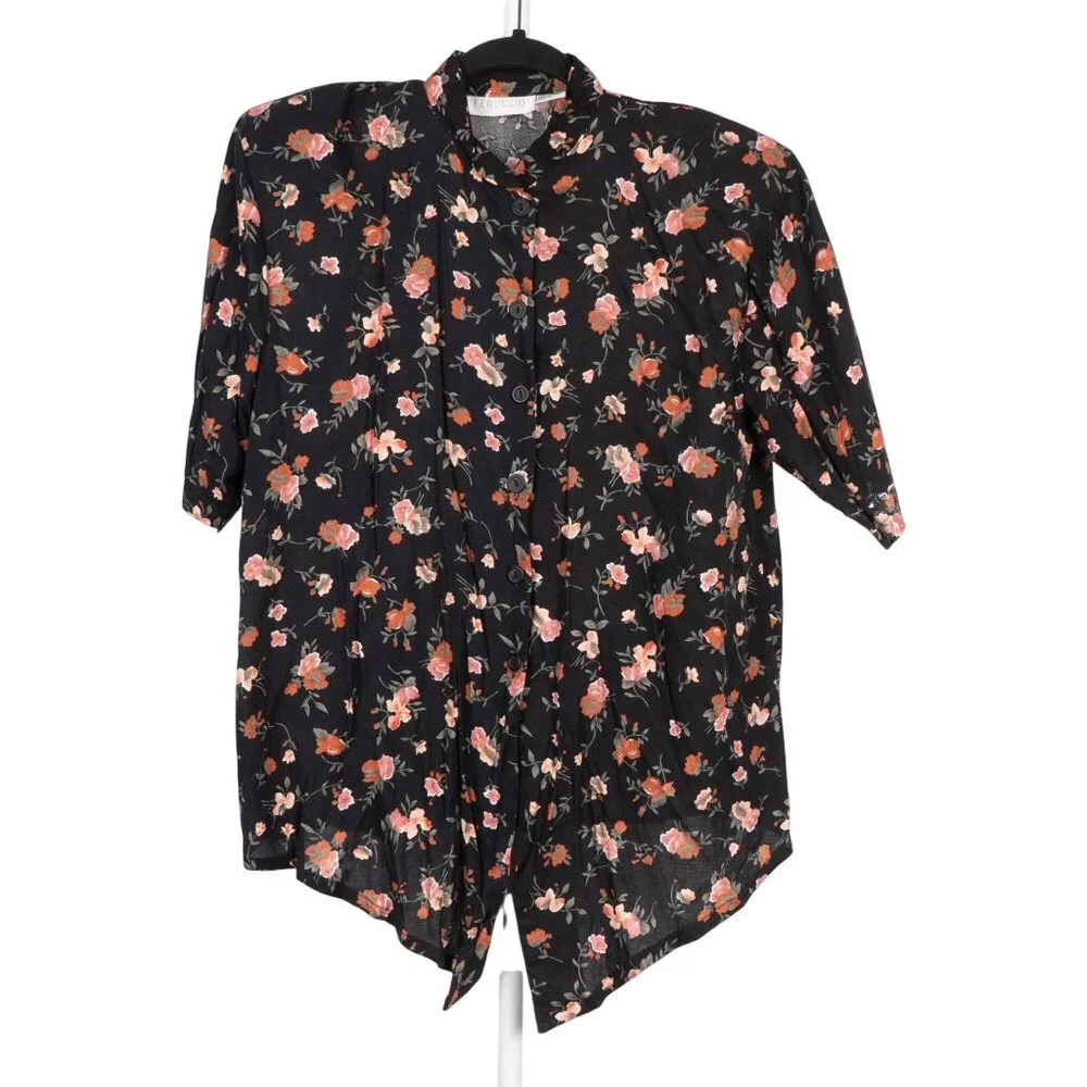 Feruccio VTG Outfit M Women Floral Button Up Tie Shirt Elastic Waist Pants Black - Picture 3 of 7
